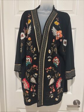 Johnny Was Black Embroidered Floral Jacket with Gold Sequins